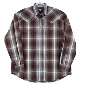 Stetson Plaid Western Shirt 2XL‎ Brown Blue Pearl Snap Long Sleeve Cotton